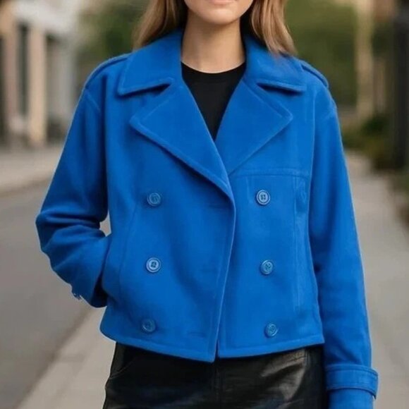 NEW Rachel Roy Cobalt Blue Double Breasted Cropped Blazer Jacket Women's Size L - Picture 1 of 9